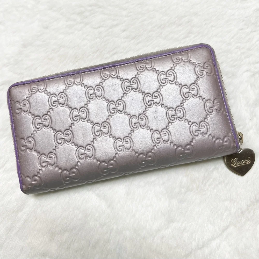 GUCCI GG Guccissima Heart Zip Around Long Wallet Metallic Lavender Authentic